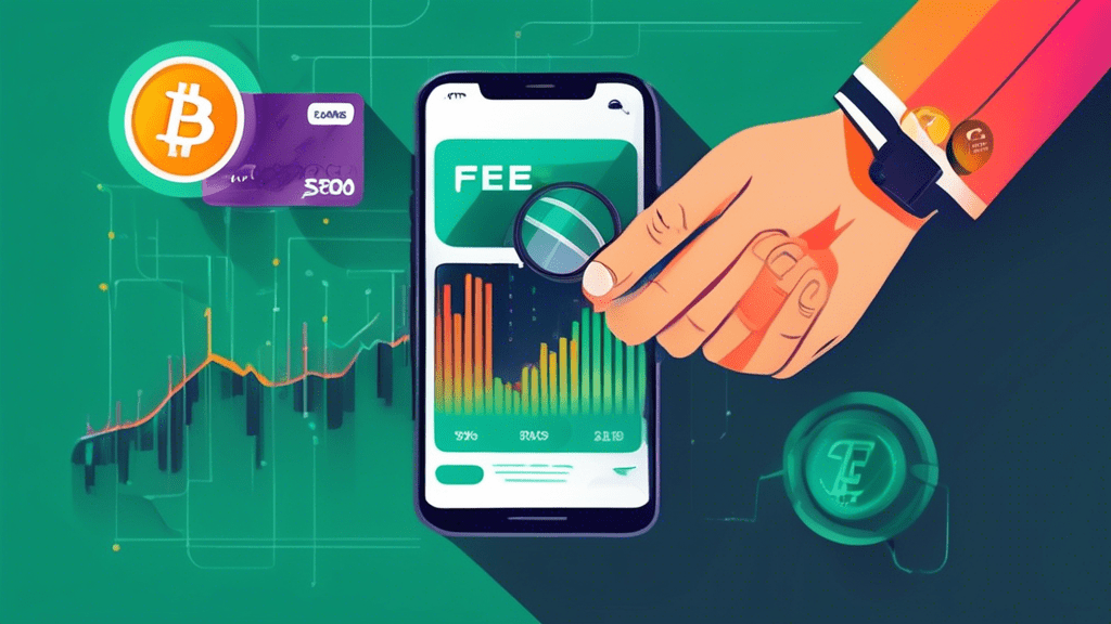 A hand holding a credit card reaching towards a smartphone displaying a volatile cryptocurrency price chart with a magnifying glass hovering over the words Fees and Interest Rates  in the corner.