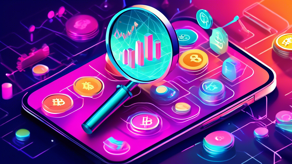 A magnifying glass hovering over a smartphone displaying a list of key features like security, fees, customer support, and available cryptocurrencies, with a stylized background of fluctuating cryptocurrency charts.