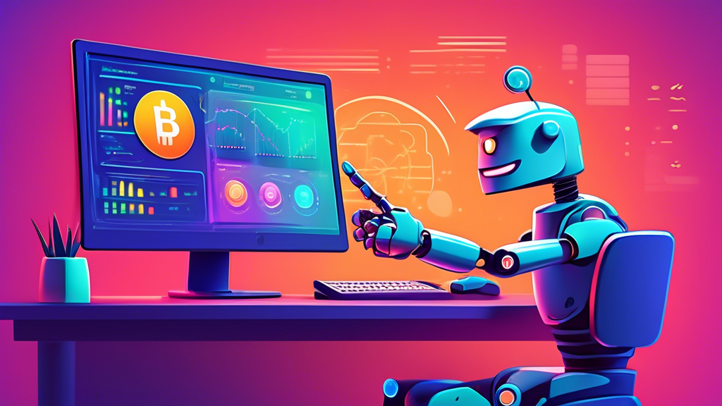 A friendly, approachable cartoon character (can be human, robot, animal, etc.) is navigating a colorful, easy-to-understand dashboard on a computer screen labeled Crypto Trading Platform. The character is pointing at a simplified chart showing upward movement and smiling confidently.  Emphasis on ease of use and feeling of excitement/optimism for beginners.