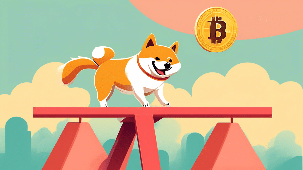 A Shiba Inu dog balancing on a seesaw with a Bitcoin on one side and a giant question mark on the other, representing the potential and risk of Shiba Inu Coin investment.