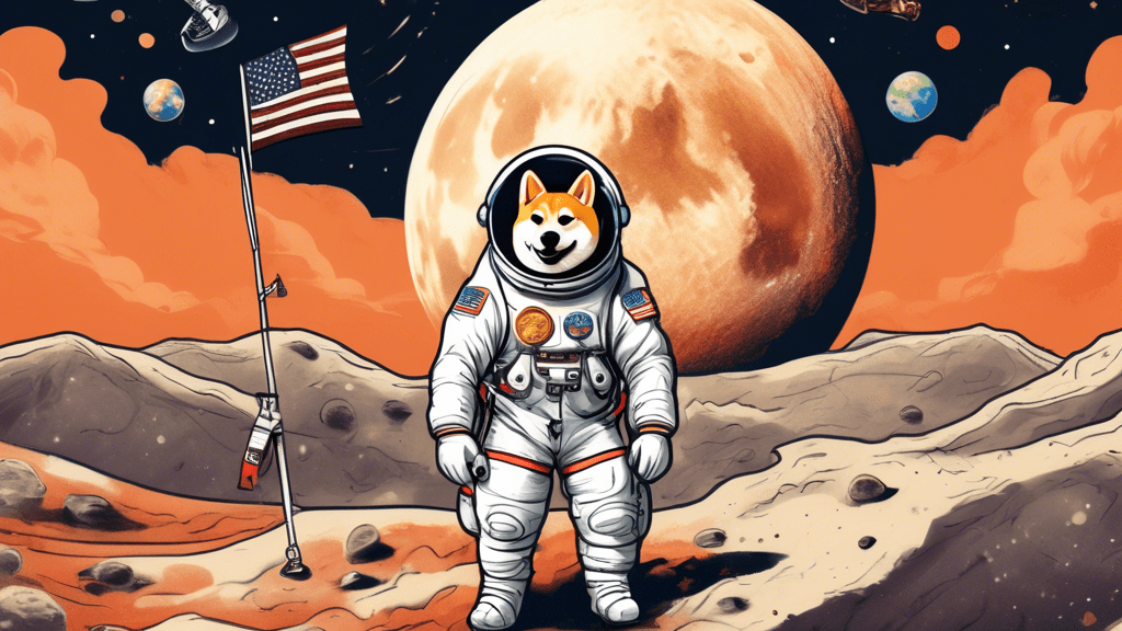 A Shiba Inu dog astronaut standing on the moon, planting a flag with the Shiba Inu coin logo on it. In the background, Earth is visible with the ShibaSwap, LEASH, and BONE logos orbiting around it.