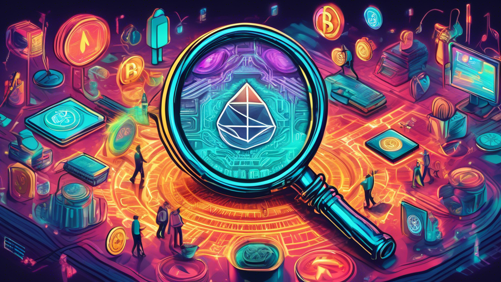 A magnifying glass hovering over a digital illustration of a traditional IRA being transformed into a modern, glowing Crypto IRA, with various cryptocurrencies like Bitcoin and Ethereum surrounding it.