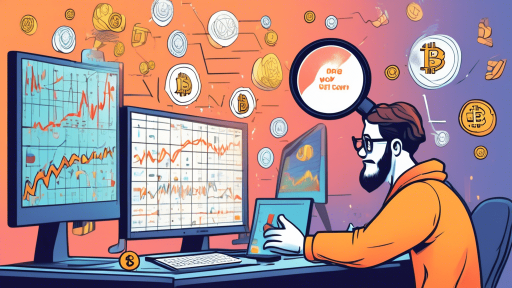 A nervous-looking cartoon character with a magnifying glass, inspecting a computer screen filled with complex charts and graphs representing cryptocurrency prices. On the screen are words like BUY, SELL, RISK, REWARD, making it clear that it