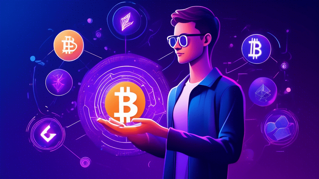 A person, dressed in casual clothing, is shown confidently holding a large, glowing key in their hand. Around them are floating abstract representations of cryptocurrency concepts: Bitcoin symbols, Ethereum logos, glowing nodes representing a blockchain, and a smartphone displaying a cryptocurrency wallet interface. The background is a gradient of dark blue to purple, conveying a feeling of futuristic potential.