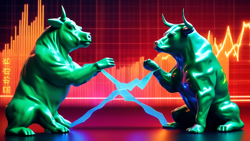 A bull and bear statue in a tug-of-war with glowing cryptocurrency symbols (Bitcoin, Ethereum, etc.) hovering above them, against a backdrop of a fluctuating stock market chart. One side of the background should be red (bearish) and the other side green (bullish).