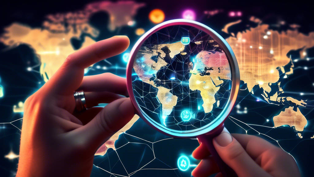 A hand holding a magnifying glass over a glowing digital map of the world with different cryptocurrencies symbols appearing as city lights.