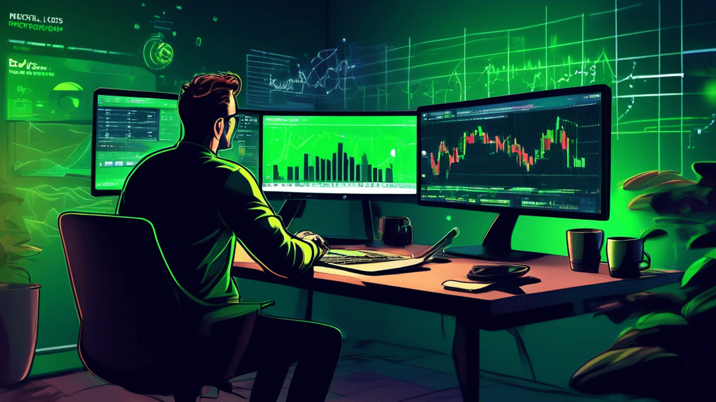 A person calmly analyzing cryptocurrency charts and graphs on multiple computer screens in a dimly lit room. They are surrounded by coffee cups and notepads filled with trading strategies. One screen shows a green upward trend with the text Stop Loss and Profit Target meticulously marked.