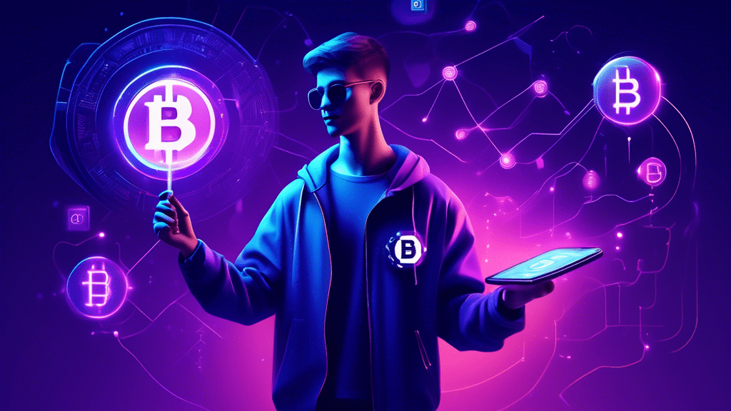 A person, dressed in casual clothing, is shown confidently holding a large, glowing key in their hand. Around them are floating abstract representations of cryptocurrency concepts: Bitcoin symbols, Ethereum logos, glowing nodes representing a blockchain, and a smartphone displaying a cryptocurrency wallet interface. The background is a gradient of dark blue to purple, conveying a feeling of futuristic potential.