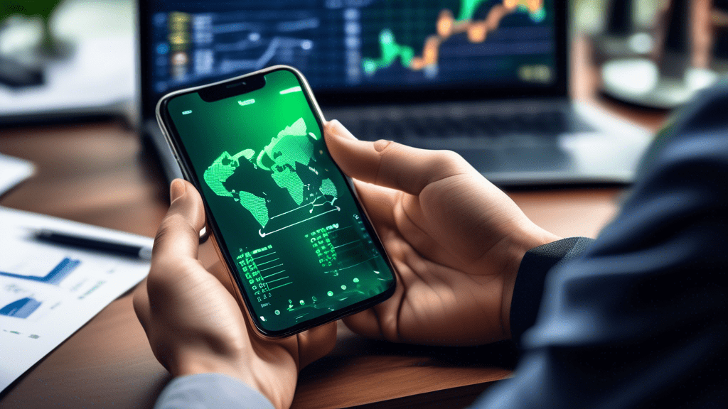 A hand holding a smartphone displaying a chart of a cryptocurrency going up with green arrows, overlaid with icons of different crypto exchanges like Binance, Coinbase, and Kraken. In the background, there