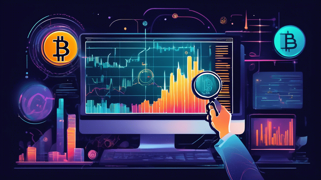 A hand holding a magnifying glass hovering over a computer screen displaying a candlestick chart with technical indicators like RSI and MACD overlaid. The background can feature elements like a Bitcoin logo, a news ticker tape with cryptocurrency headlines, and a chat window with community discussions.