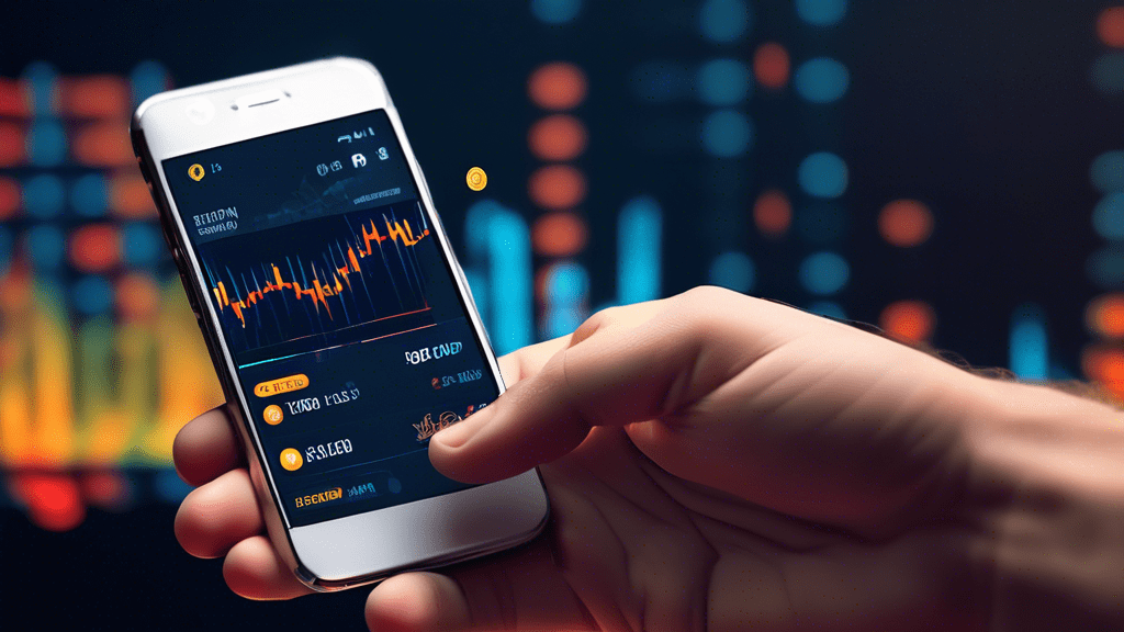 A hand holding a smartphone with a finger about to tap the Buy Bitcoin button on a bright, user-friendly cryptocurrency exchange app interface. In the background, a stylized graph shows Bitcoin