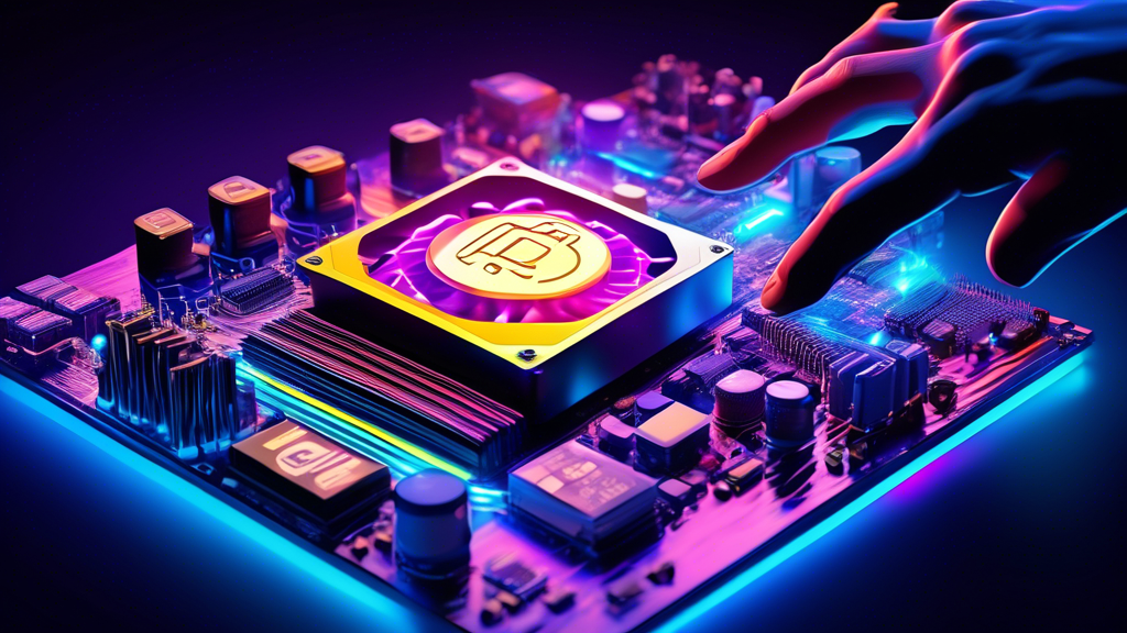 A hand reaching out to select a graphics card (GPU) from a variety of computer hardware, including a CPU, ASIC miner, and power supply, with glowing lines representing cryptocurrency flowing towards the hand.