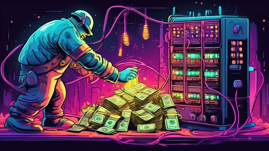 A hand plugging a power cable into a mining rig with glowing LEDs, surrounded by stacks of money and a concerned earth with a thermometer in its mouth sweating.