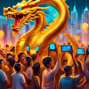 A golden dragon statue with glowing Bitcoin eyes surrounded by a crowd of diverse people holding up phones displaying cryptocurrency charts, set against a futuristic Asian cityscape.