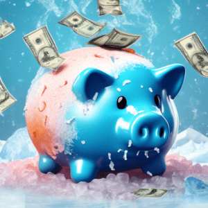 A frozen piggy bank shaped like the Bittrex logo thawing out with dollar bills and bitcoin emerging from the cracks