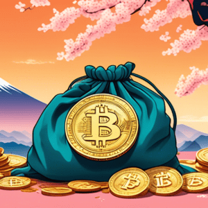 A pile of golden Bitcoins with the Bitcoin logo falling out of a hole in a traditional Japanese silk bag, set against a backdrop of Mount Fuji and cherry blossoms, with a single Yen coin rolling away